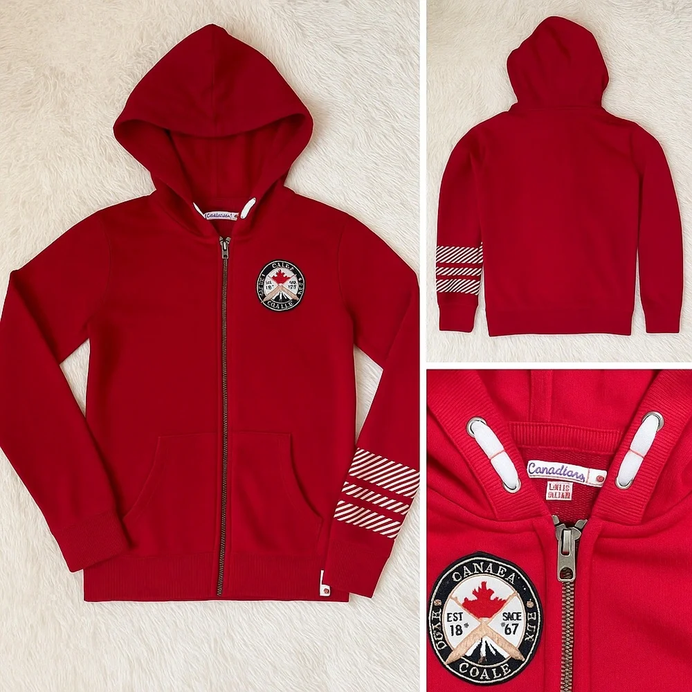 Canadiana Red Full Zip Hoodie Sweatshirt Youth XL (14–16) Canada Patch